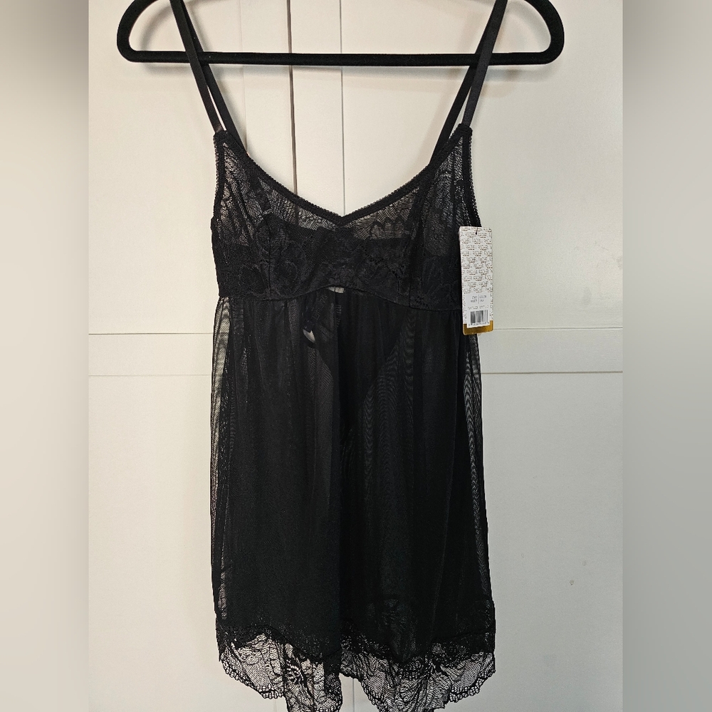 Rachel Roy Black Lace Nightie With Thong Under Ruffle Lace Bottom New With Tags